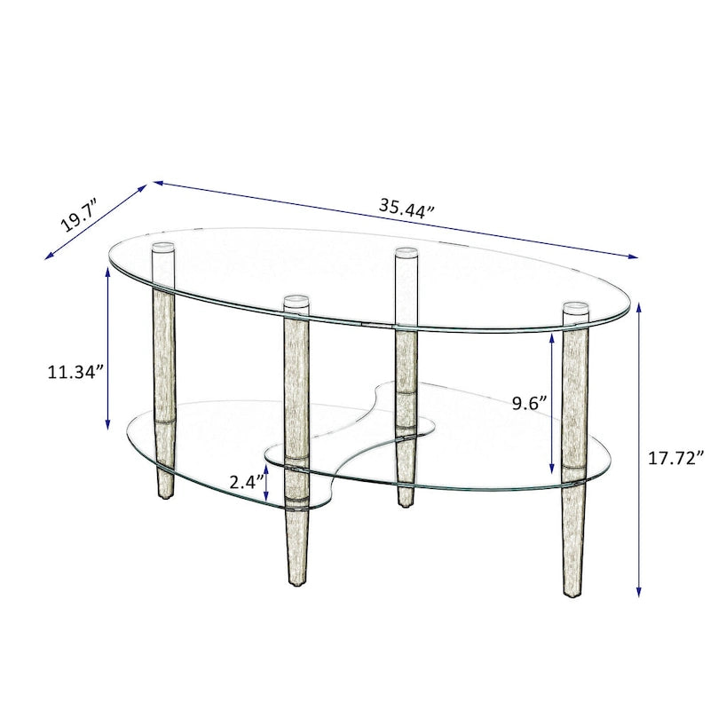 Table basse ovale en verre, Table basse transparente, table moderne dans le salon avec pieds en bois de chêne, table à thé