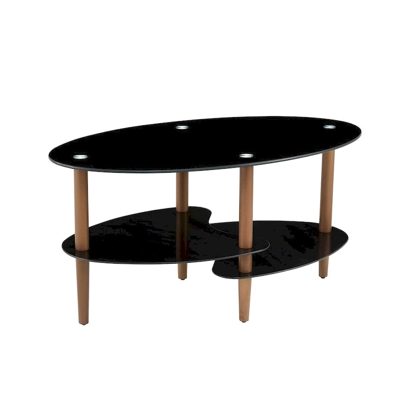 Table basse ovale en verre, Table basse transparente, table moderne dans le salon avec pieds en bois de chêne, table à thé