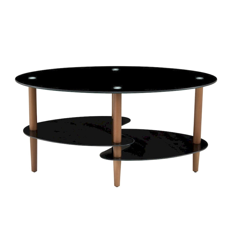Table basse ovale en verre, Table basse transparente, table moderne dans le salon avec pieds en bois de chêne, table à thé
