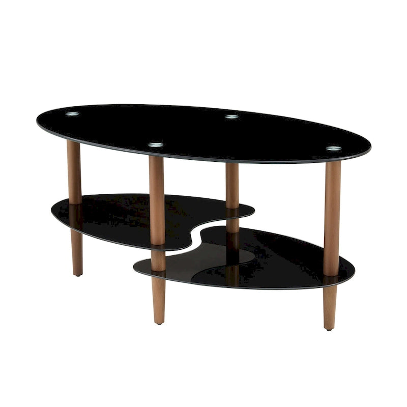 Table basse ovale en verre, Table basse transparente, table moderne dans le salon avec pieds en bois de chêne, table à thé