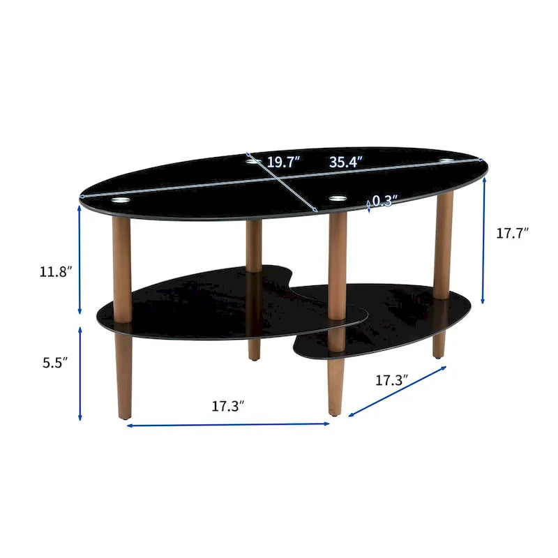 Table basse ovale en verre, Table basse transparente, table moderne dans le salon avec pieds en bois de chêne, table à thé
