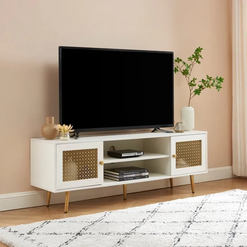 Meuble TV 150 cm pour téléviseur 65 pouces, console média de centre de divertissement classique - 150 x 39,4 x 53,1 cm (LxPxH)