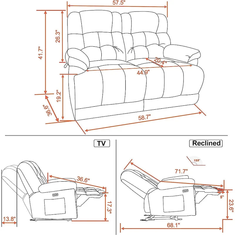 Canapé inclinable électrique MCombo avec fonction chauffage et massage, en tissu 6237