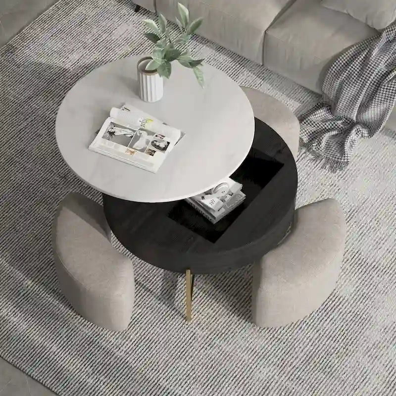 31,5 Table basse relevable ronde moderne avec rangement et 3 poufs