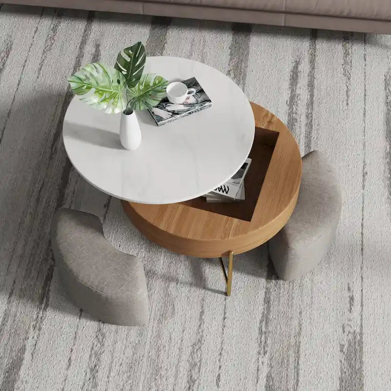 31,5 Table basse relevable ronde moderne avec rangement et 3 poufs