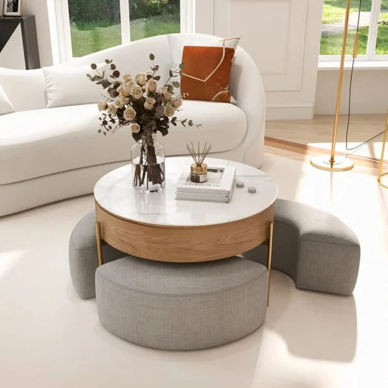 31,5 Table basse relevable ronde moderne avec rangement et 3 poufs