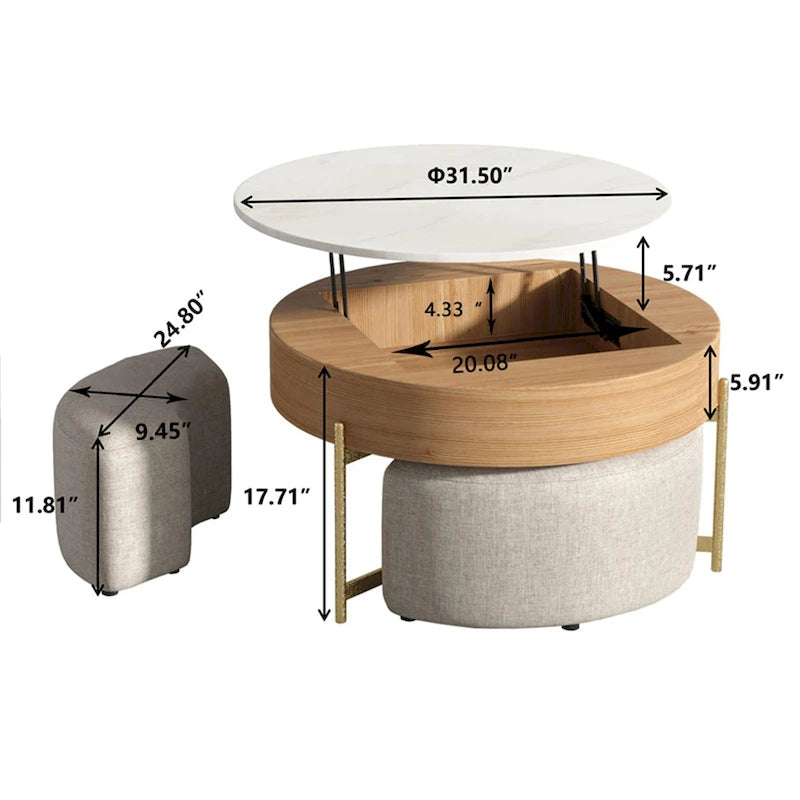 31,5 Table basse relevable ronde moderne avec rangement et 3 poufs