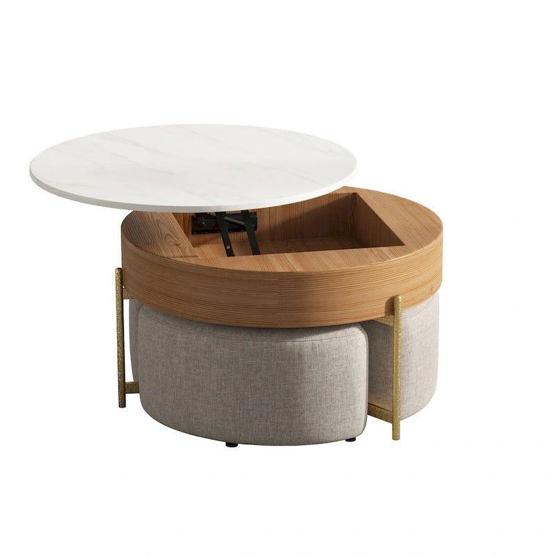 31,5 Table basse relevable ronde moderne avec rangement et 3 poufs