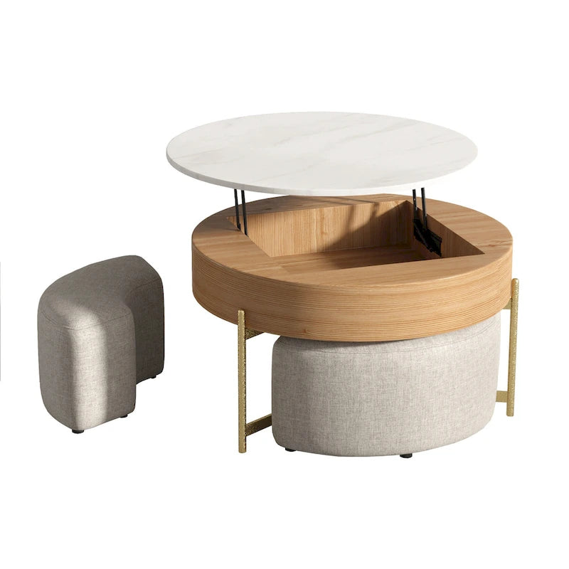 31,5 Table basse relevable ronde moderne avec rangement et 3 poufs