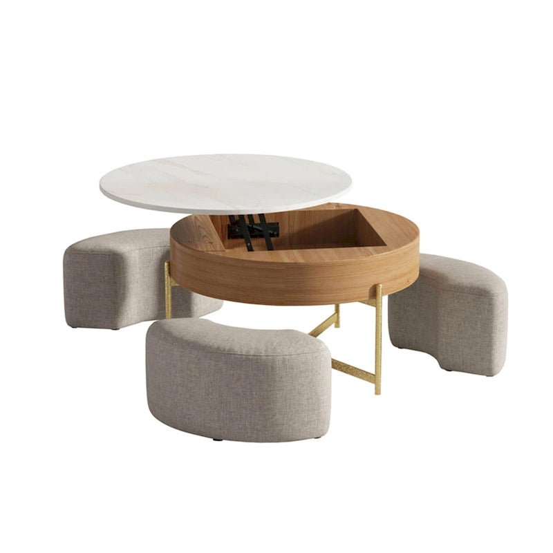 31,5 Table basse relevable ronde moderne avec rangement et 3 poufs