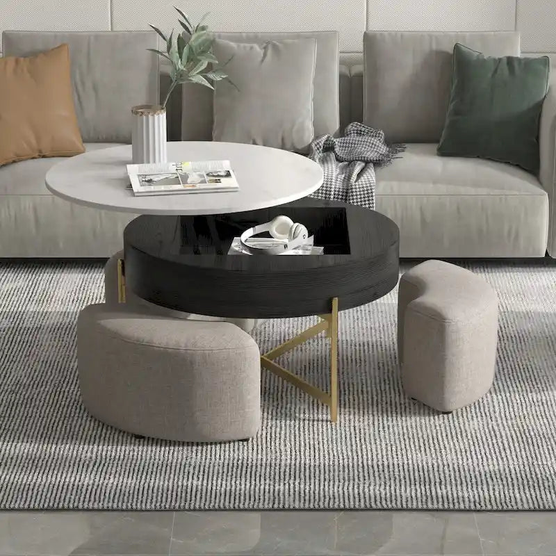 31,5 Table basse relevable ronde moderne avec rangement et 3 poufs