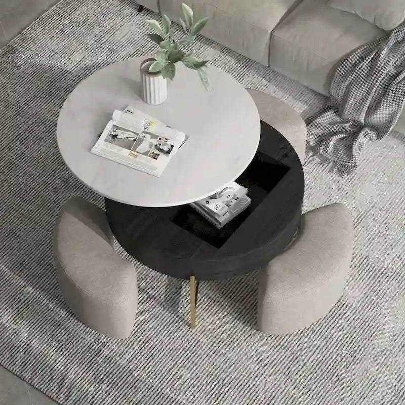 31,5 Table basse relevable ronde moderne avec rangement et 3 poufs
