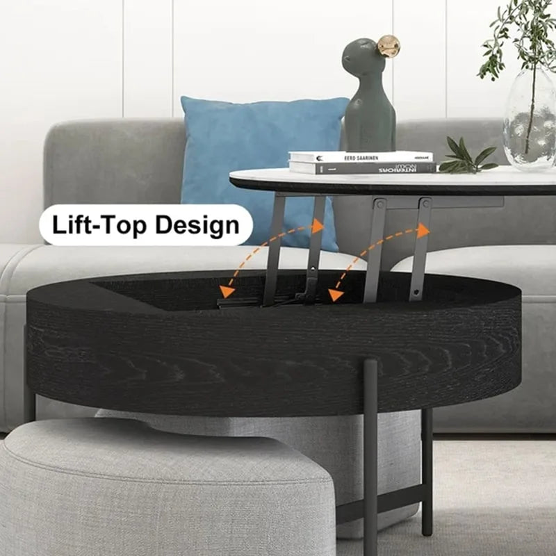 31,5 Table basse relevable ronde moderne avec rangement et 3 poufs