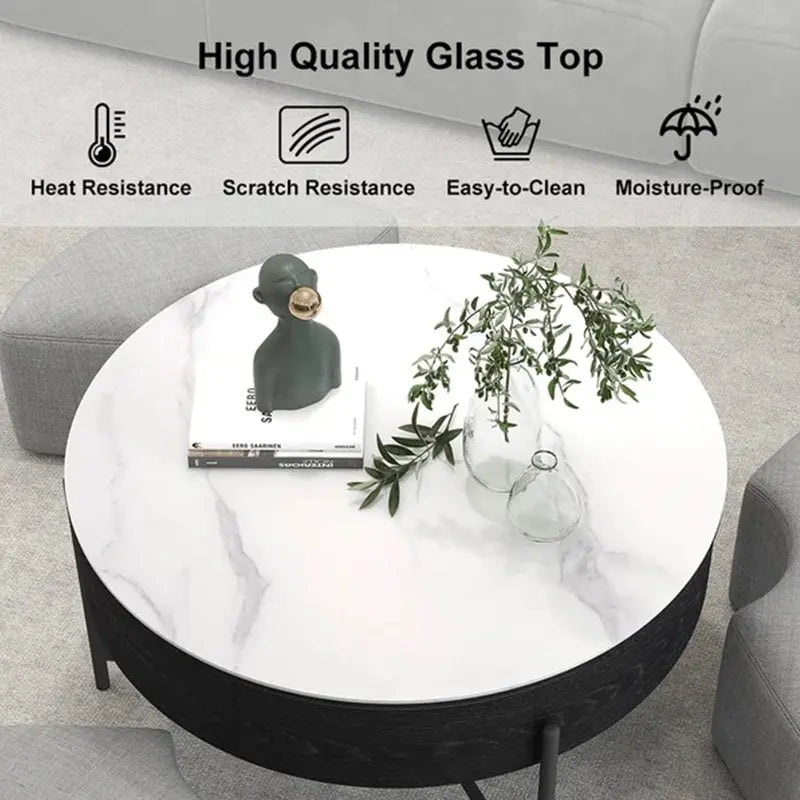31,5 Table basse relevable ronde moderne avec rangement et 3 poufs