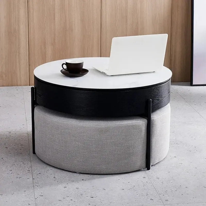 31,5 Table basse relevable ronde moderne avec rangement et 3 poufs