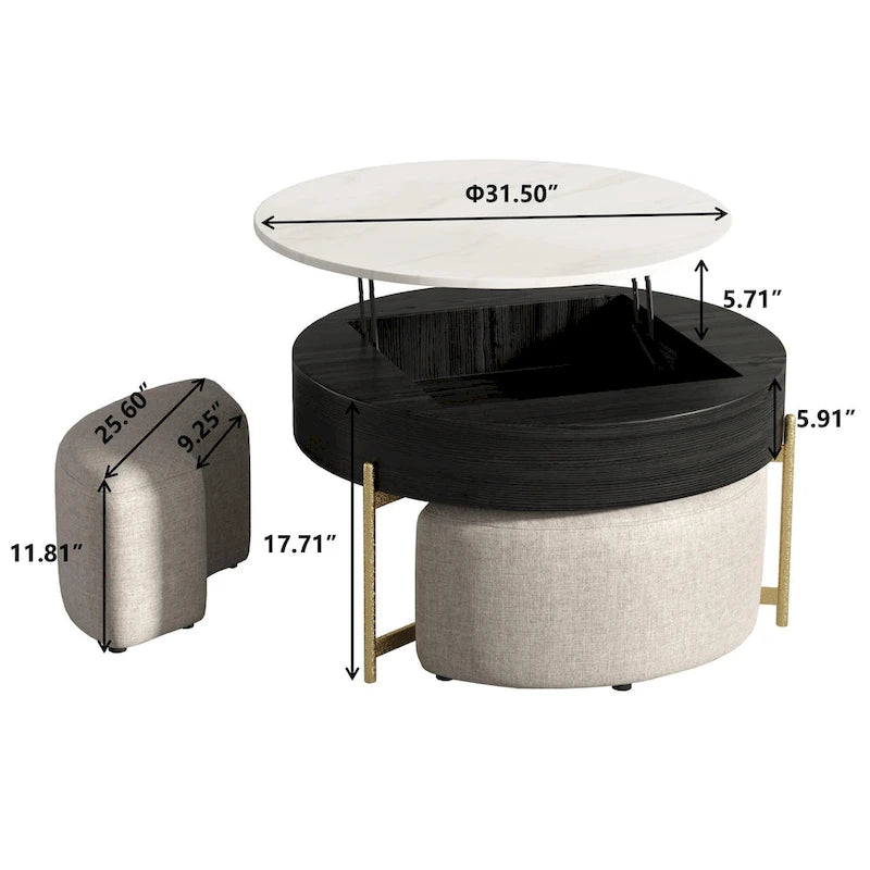 31,5 Table basse relevable ronde moderne avec rangement et 3 poufs