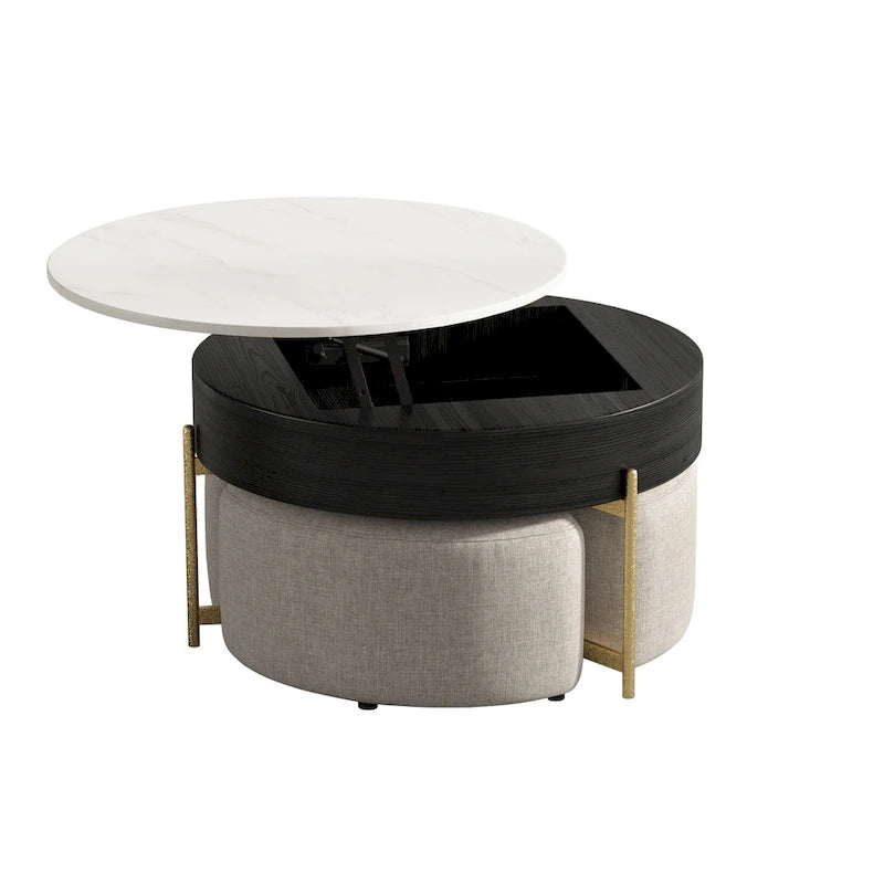 31,5 Table basse relevable ronde moderne avec rangement et 3 poufs