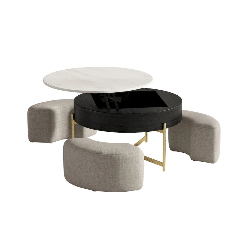 31,5 Table basse relevable ronde moderne avec rangement et 3 poufs