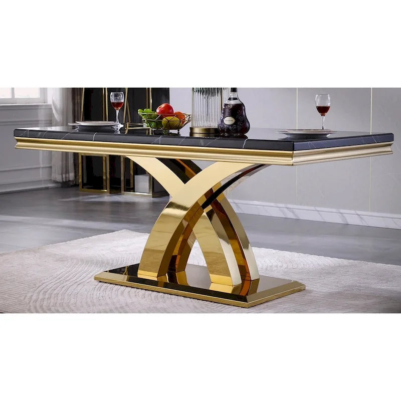 Table de salle à manger noire avec pieds en métal doré poli