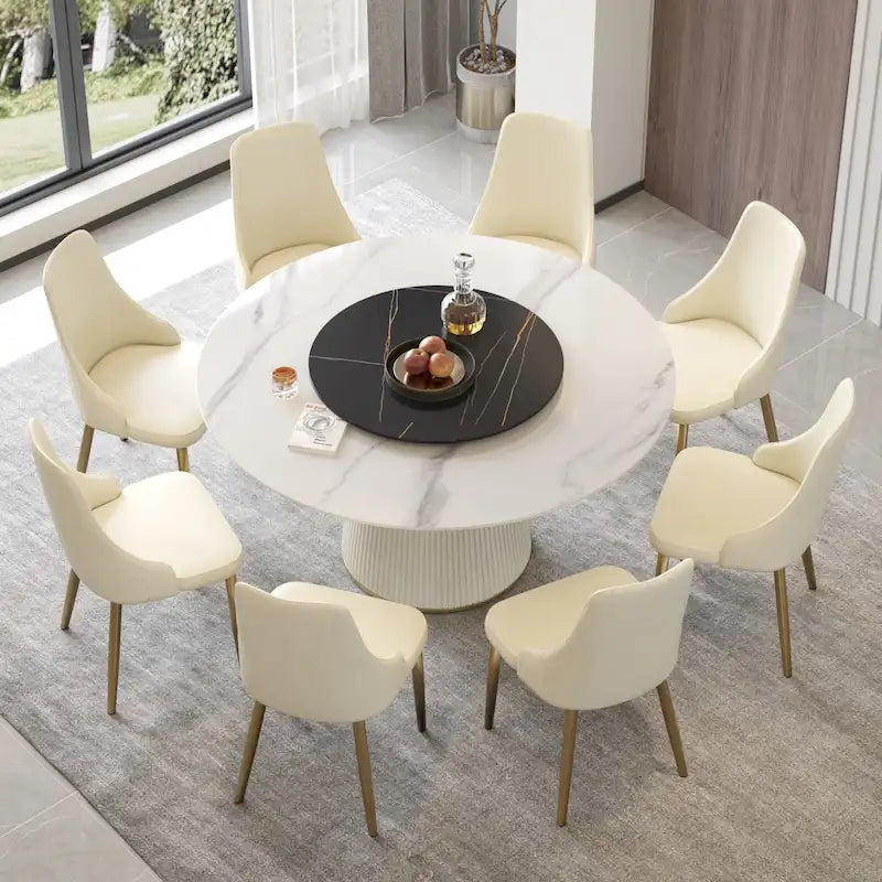 Table à manger ronde de 150 cm pour 8 personnes, plateau en pierre frittée blanche avec plateau tournant - N/A