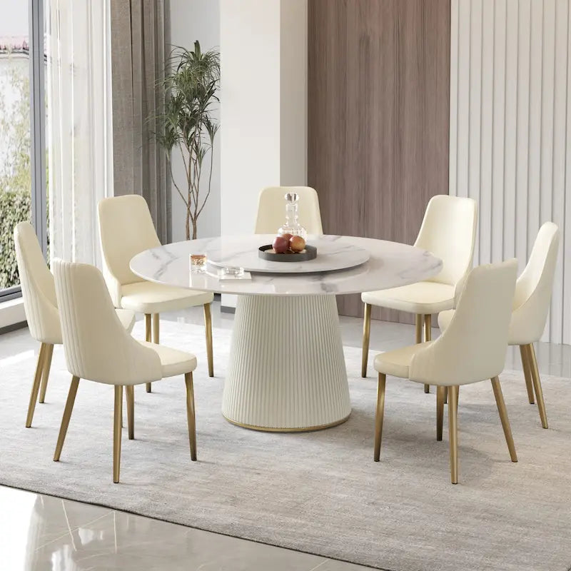 Table à manger ronde de 150 cm pour 8 personnes, plateau en pierre frittée blanche avec plateau tournant - N/A