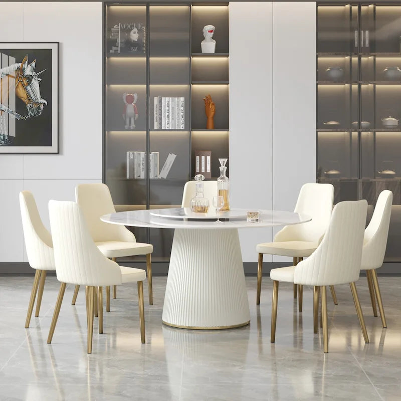 Table à manger ronde de 150 cm pour 8 personnes, plateau en pierre frittée blanche avec plateau tournant - N/A