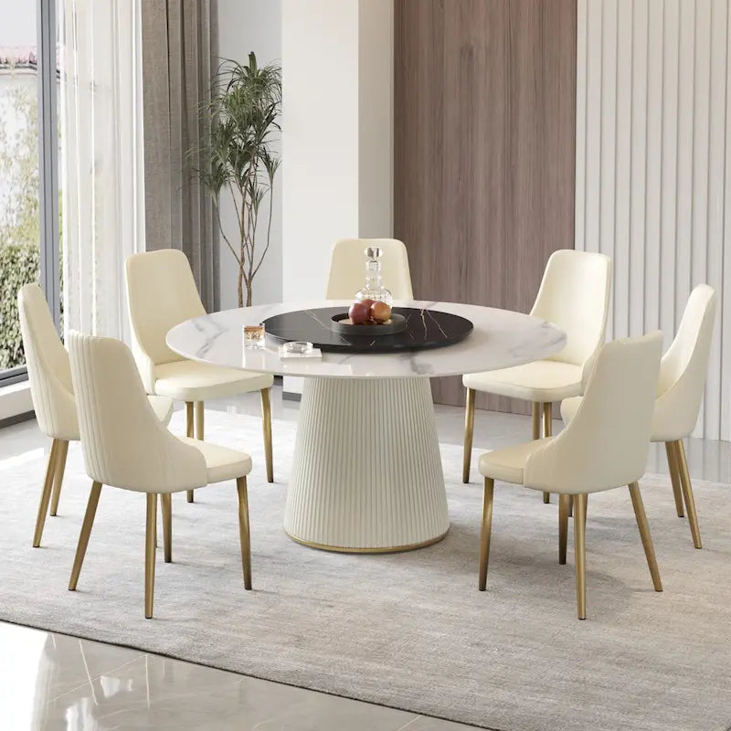 Table à manger ronde de 150 cm pour 8 personnes, plateau en pierre frittée blanche avec plateau tournant - N/A