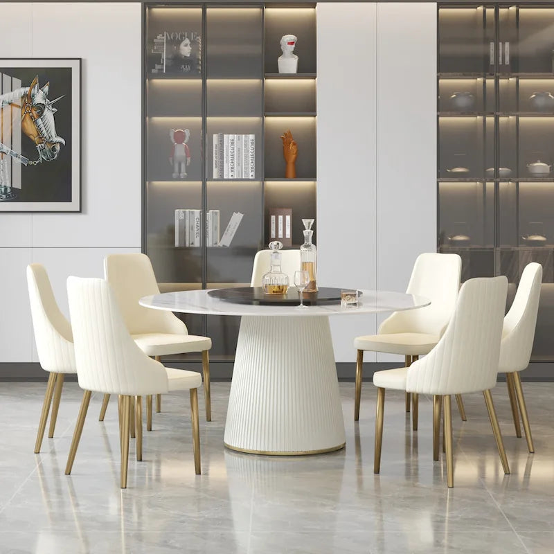 Table à manger ronde de 150 cm pour 8 personnes, plateau en pierre frittée blanche avec plateau tournant - N/A