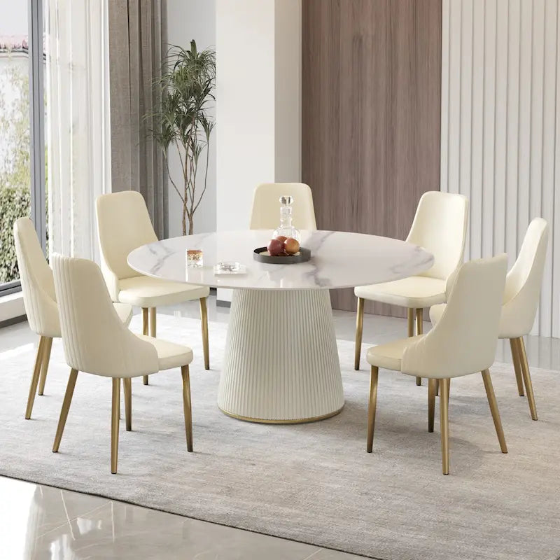 Table à manger ronde de 150 cm pour 8 personnes, plateau en pierre frittée blanche avec plateau tournant - N/A