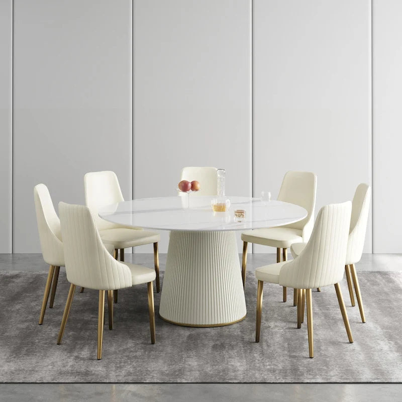 Table à manger ronde de 150 cm pour 8 personnes, plateau en pierre frittée blanche avec plateau tournant - N/A