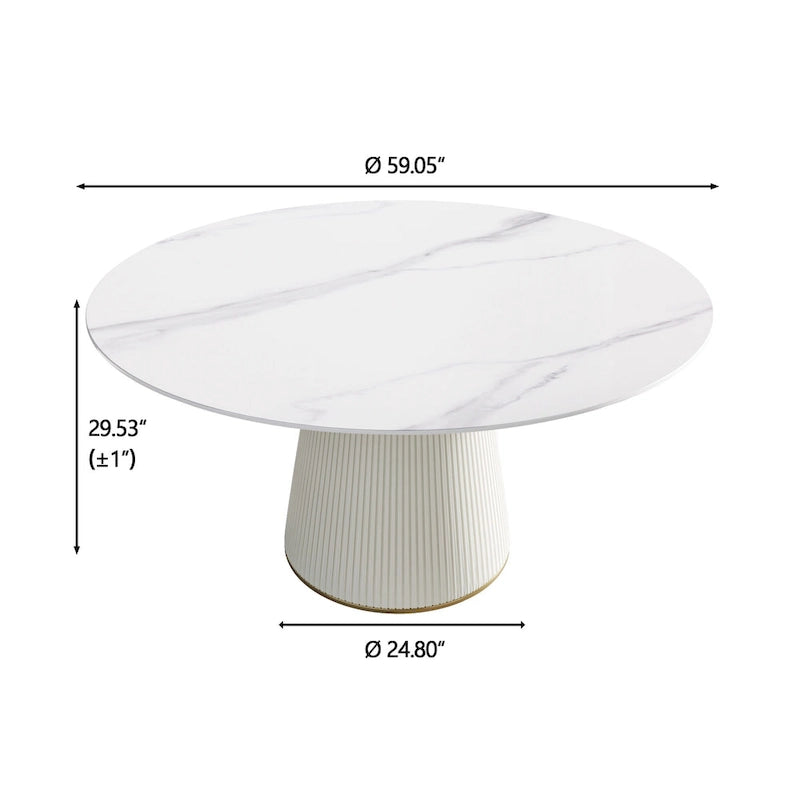 Table à manger ronde de 150 cm pour 8 personnes, plateau en pierre frittée blanche avec plateau tournant - N/A