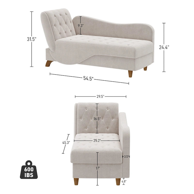 Ouyessir Chaise longue de rangement rembourrée avec accoudoir gauche et oreiller lombaire