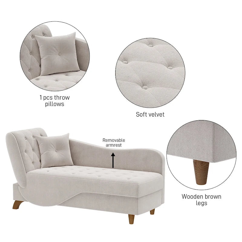 Ouyessir Chaise longue de rangement rembourrée avec accoudoir gauche et oreiller lombaire