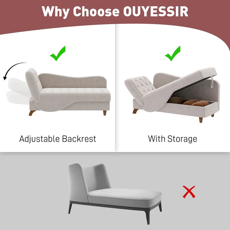 Ouyessir Chaise longue de rangement rembourrée avec accoudoir gauche et oreiller lombaire