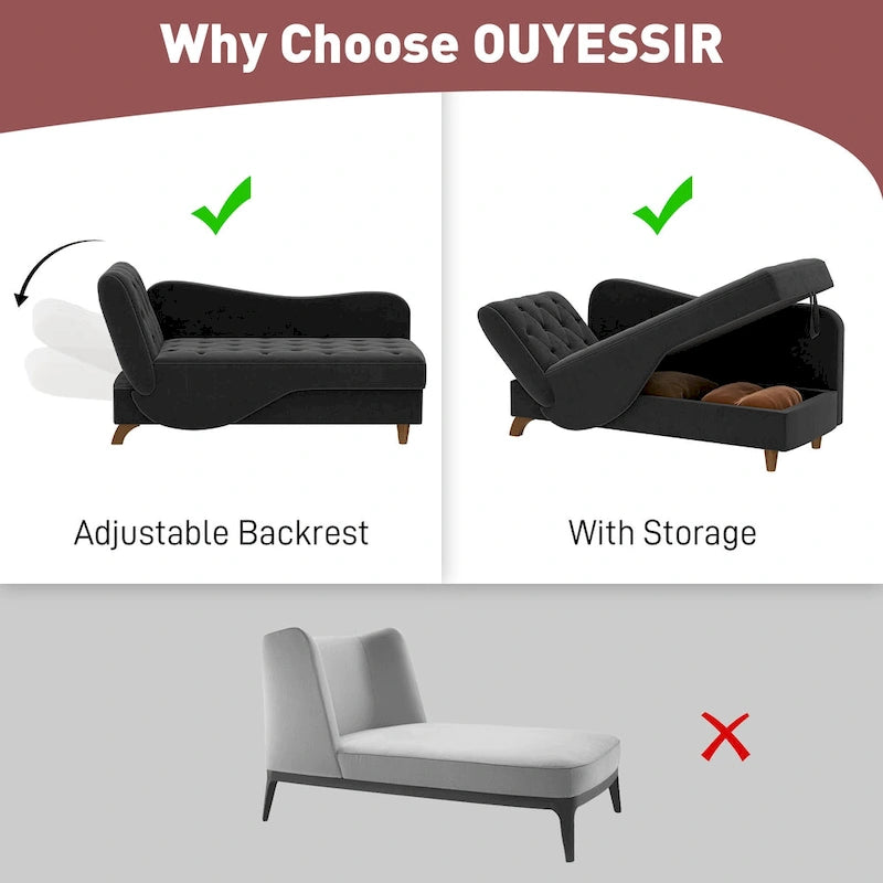 Ouyessir Chaise longue de rangement rembourrée avec accoudoir gauche et oreiller lombaire