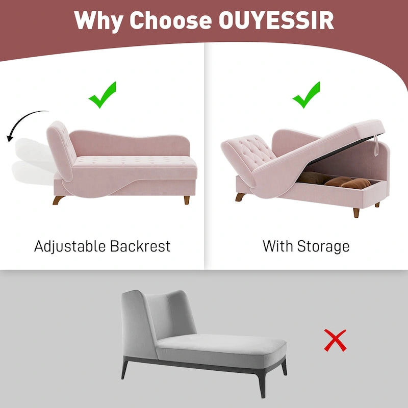 Ouyessir Chaise longue de rangement rembourrée avec accoudoir gauche et oreiller lombaire