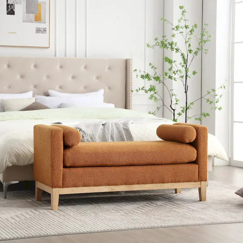 Banc de chambre moderne rembourré en bouclette avec pieds en bois, Banc d'entrée
