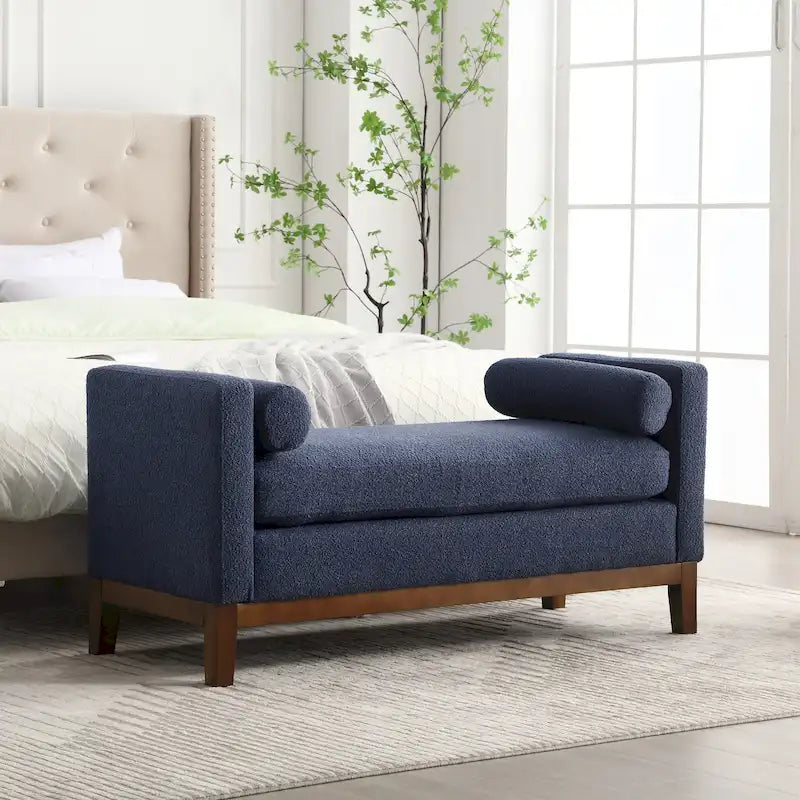 Banc de chambre moderne rembourré en bouclette avec pieds en bois, Banc d'entrée
