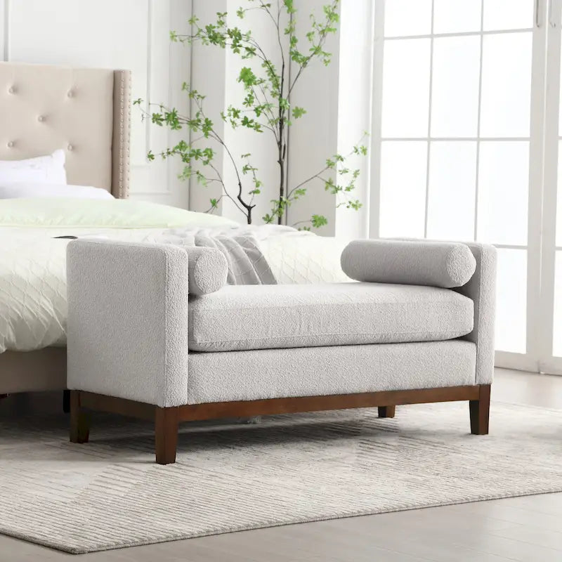 Banc de chambre moderne rembourré en bouclette avec pieds en bois, Banc d'entrée