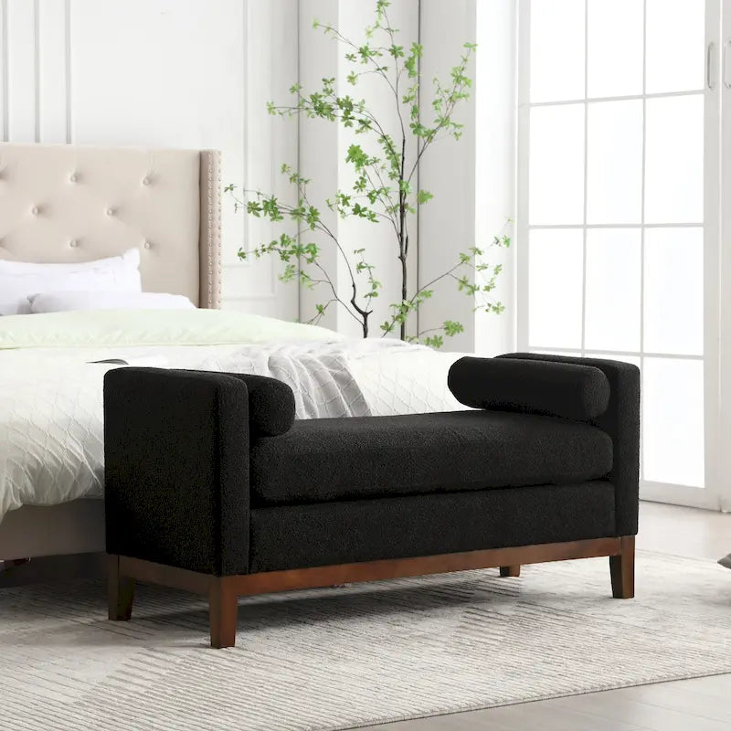 Banc de chambre moderne rembourré en bouclette avec pieds en bois, Banc d'entrée