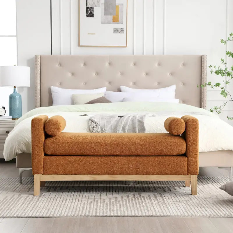 Banc de chambre moderne rembourré en bouclette avec pieds en bois, Banc d'entrée
