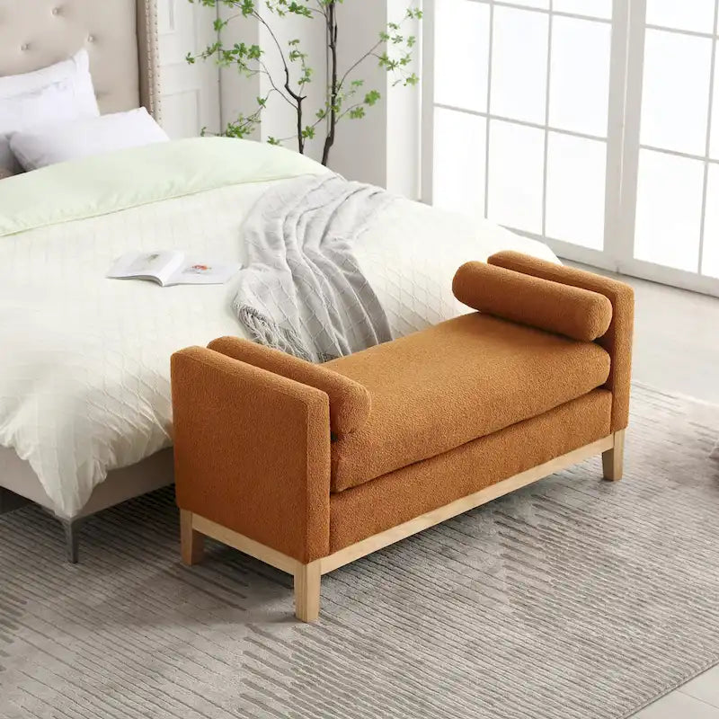 Banc de chambre moderne rembourré en bouclette avec pieds en bois, Banc d'entrée