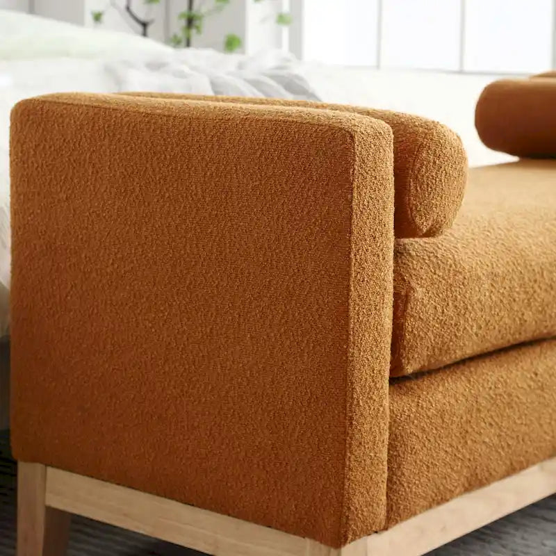 Banc de chambre moderne rembourré en bouclette avec pieds en bois, Banc d'entrée