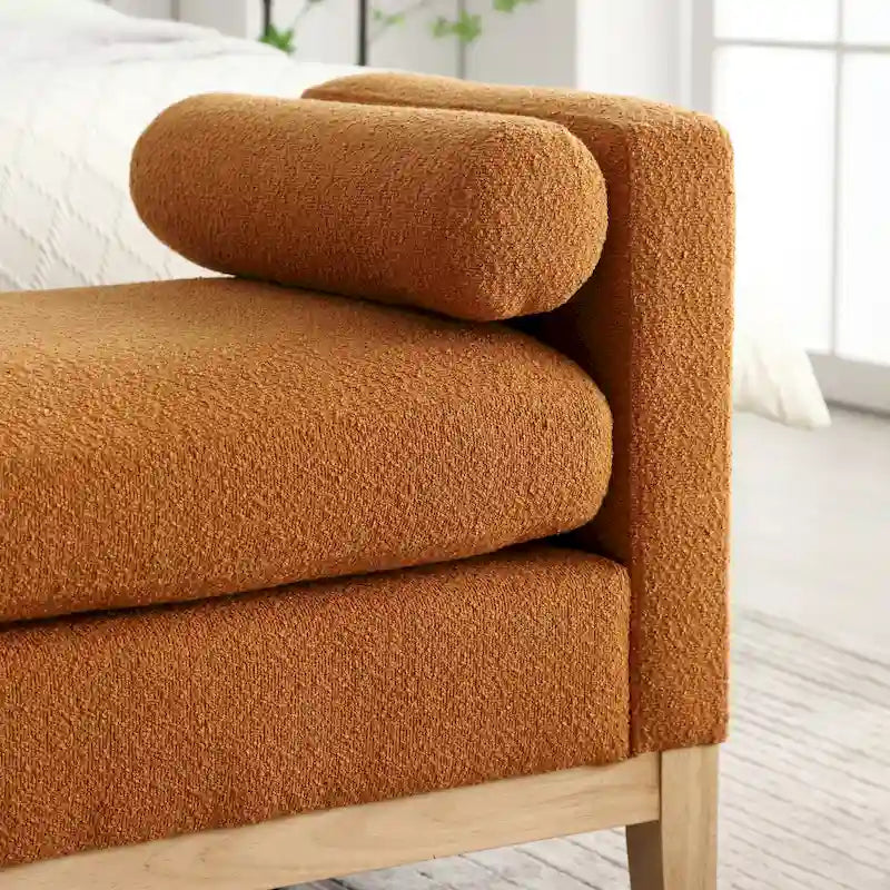 Banc de chambre moderne rembourré en bouclette avec pieds en bois, Banc d'entrée