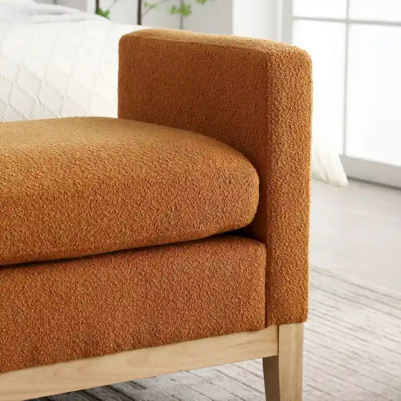 Banc de chambre moderne rembourré en bouclette avec pieds en bois, Banc d'entrée