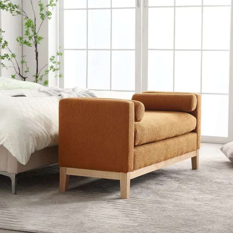 Banc de chambre moderne rembourré en bouclette avec pieds en bois, Banc d'entrée