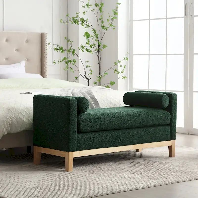 Banc de chambre moderne rembourré en bouclette avec pieds en bois, Banc d'entrée