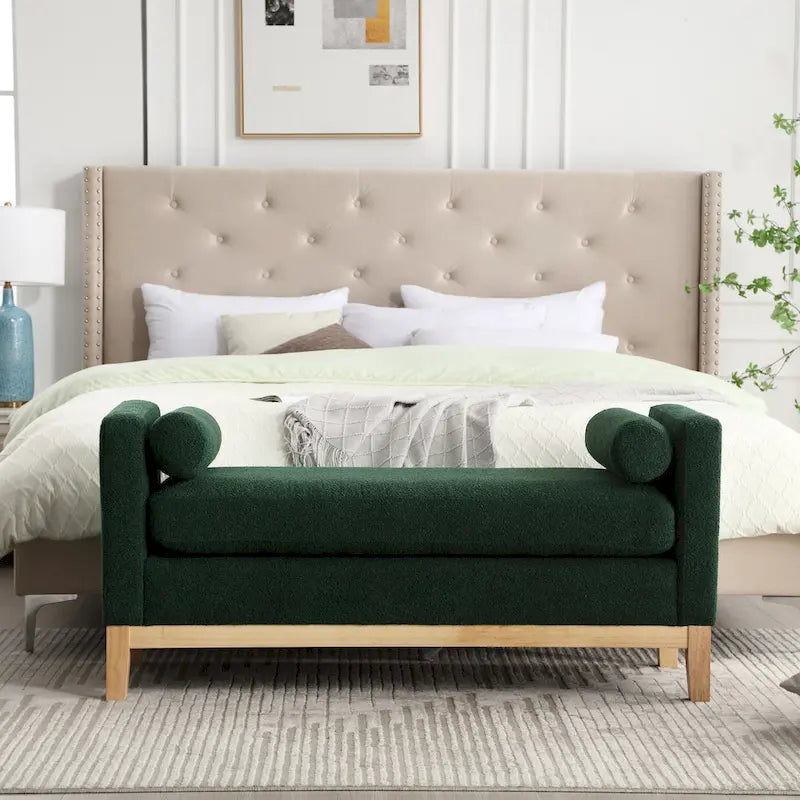 Banc de chambre moderne rembourré en bouclette avec pieds en bois, Banc d'entrée