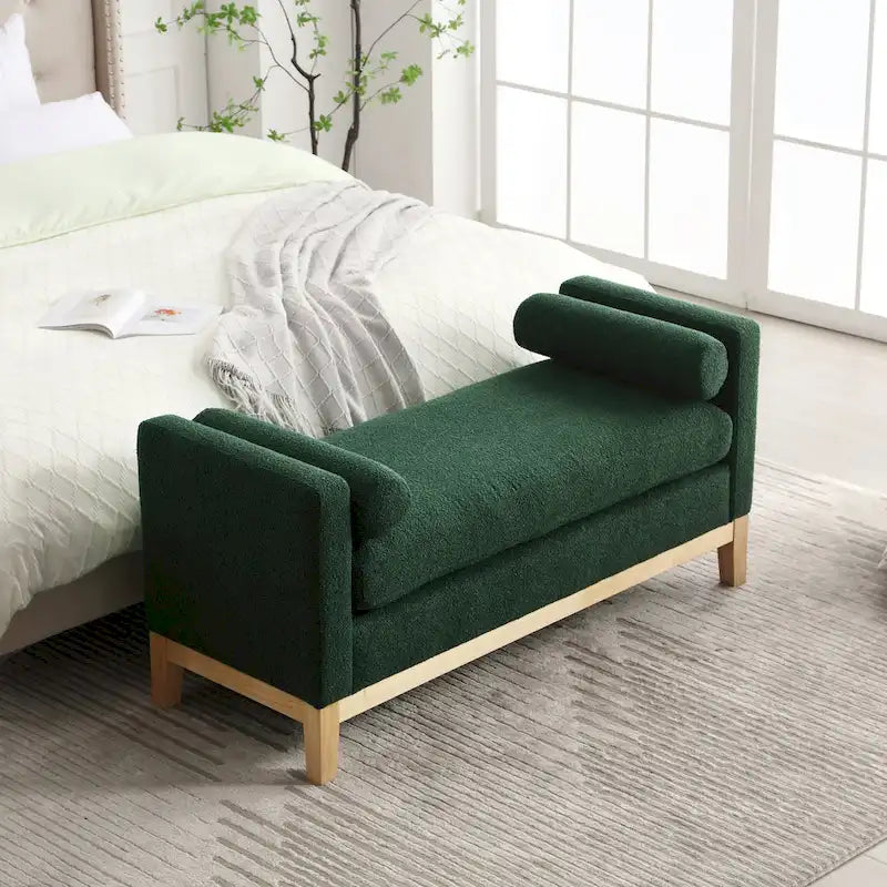 Banc de chambre moderne rembourré en bouclette avec pieds en bois, Banc d'entrée