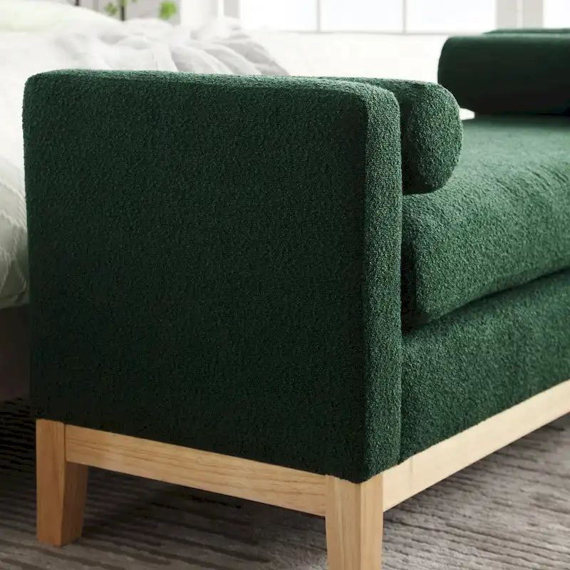 Banc de chambre moderne rembourré en bouclette avec pieds en bois, Banc d'entrée